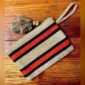 J Jill Jute Striped Wristlet with Tassel  / Orange and Navy / Lined